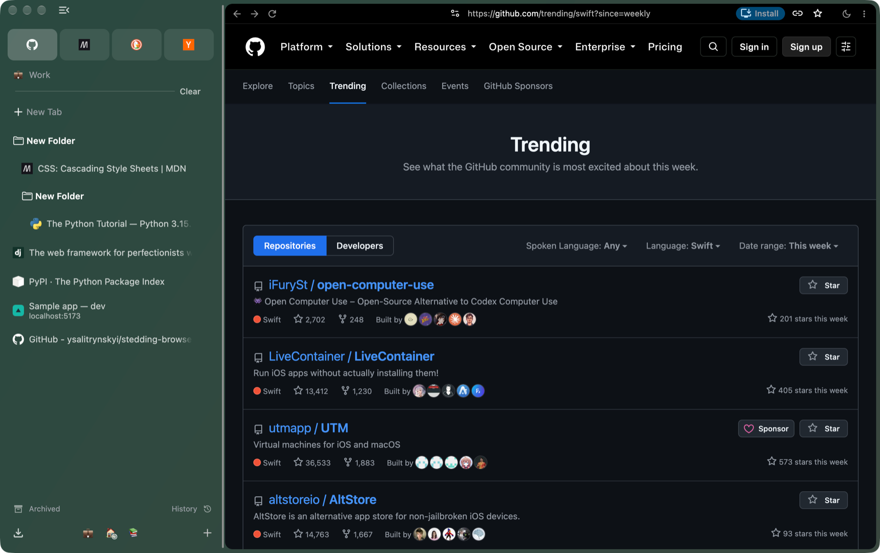 The Stedding window in dark mode. On the left, the sidebar: four essentials as cards (GitHub, MDN, DuckDuckGo and Hacker News), the Work Space with a New Tab row, a folder holding a nested one, tabs for Django, PyPI, a sample app on localhost:5173 and the browser's own GitHub page, and three Space chips at its foot. On the right, GitHub's trending page for Swift projects on a floating card, its full address in the top row.