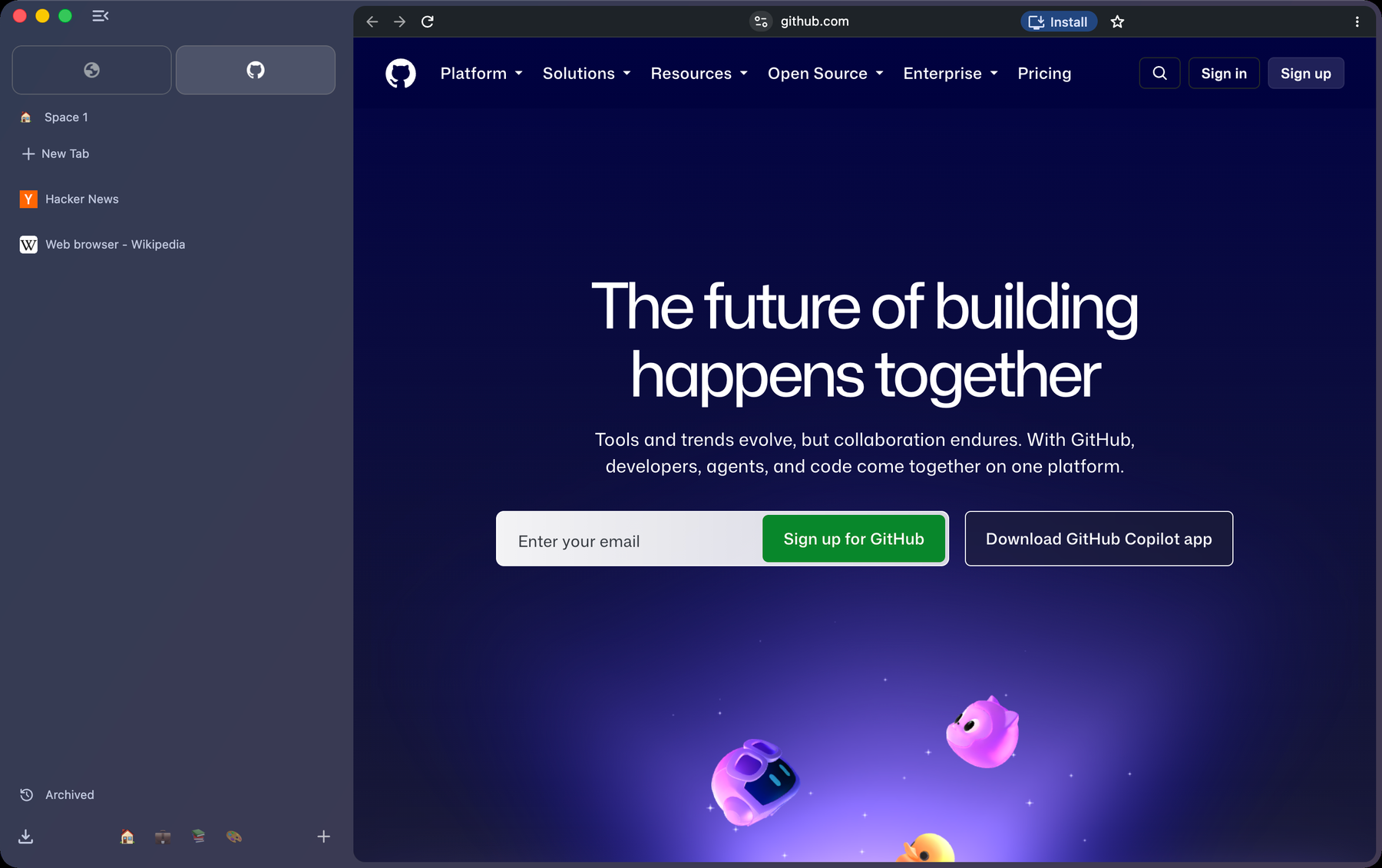 The sidebar with the Space switcher at its foot: icons for four Spaces between the downloads button and a plus for a new Space, beside github.com.