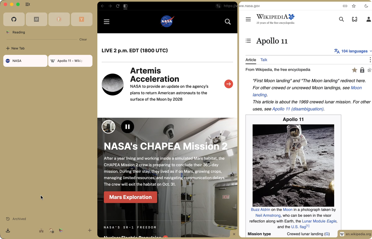 Split view, made by dragging a tab onto the page