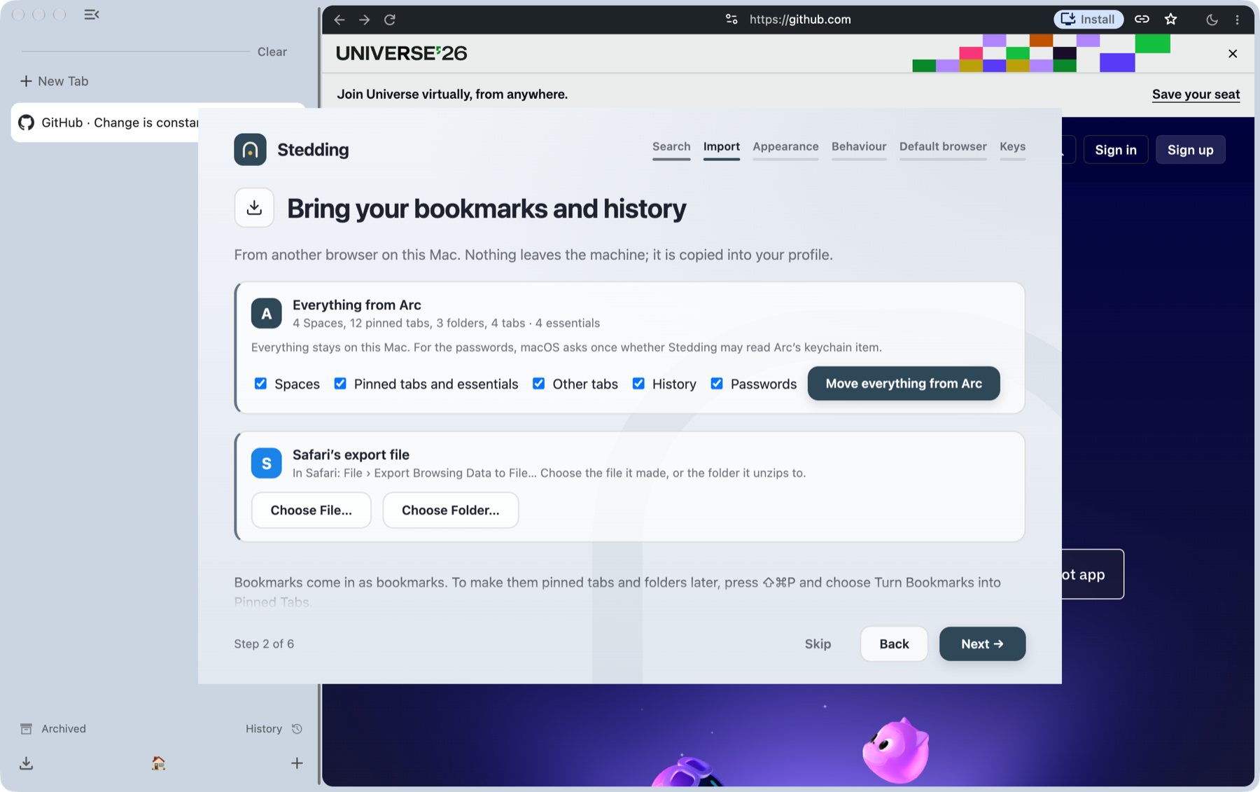 The welcome flow’s import step: an Everything from Arc panel with checkboxes for Spaces, pinned tabs and essentials, other tabs, history and passwords, a Move everything from Arc button, and below it Safari’s export file.
