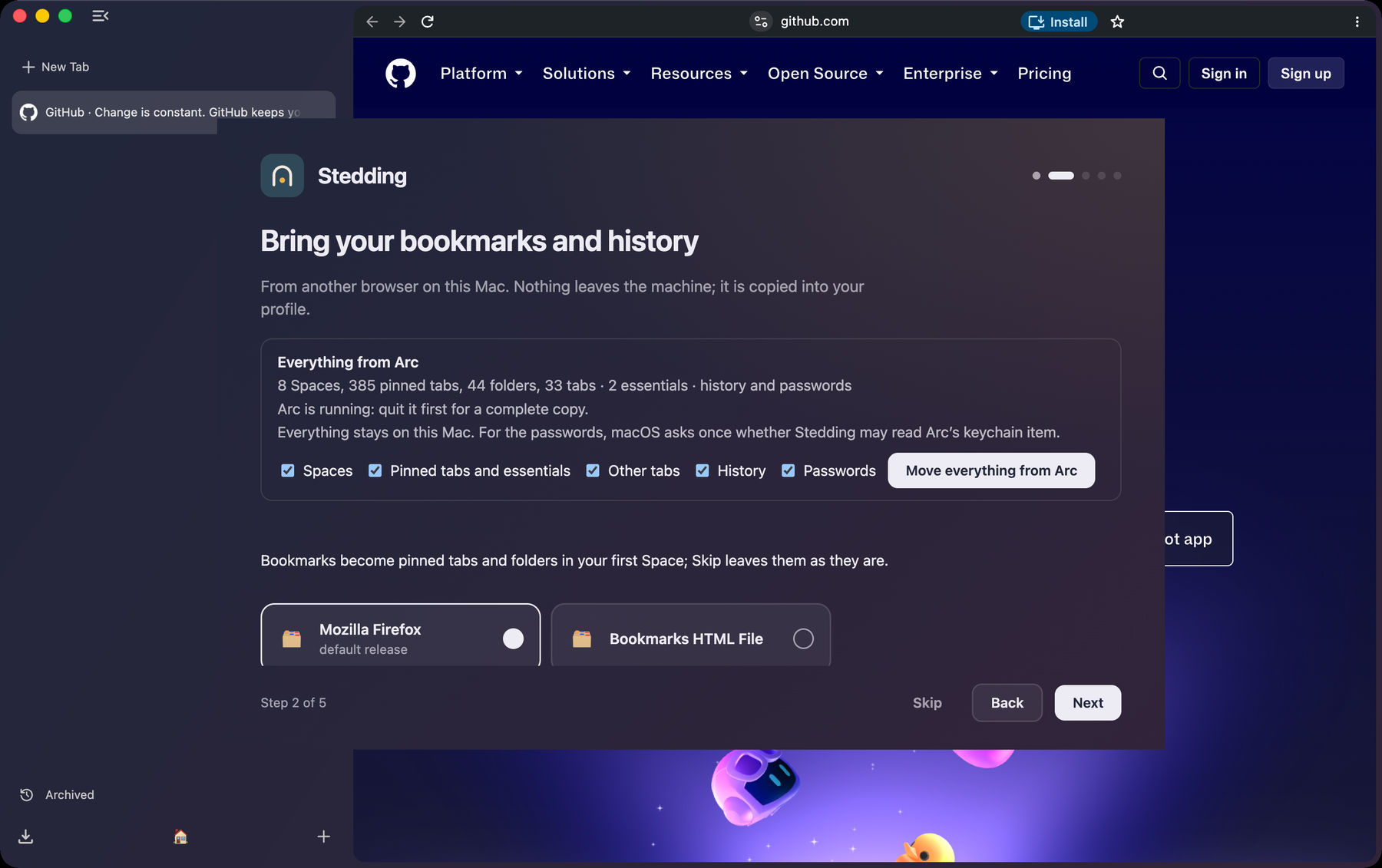 The welcome flow’s import step: an Everything from Arc panel with checkboxes for Spaces, pinned tabs and essentials, other tabs, history and passwords, a Move everything from Arc button, and below it importers for Firefox and a bookmarks file.