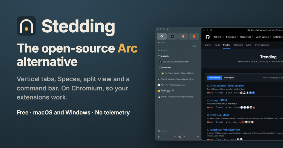 Stedding Browser — open-source, Arc-style browser built on Chromium